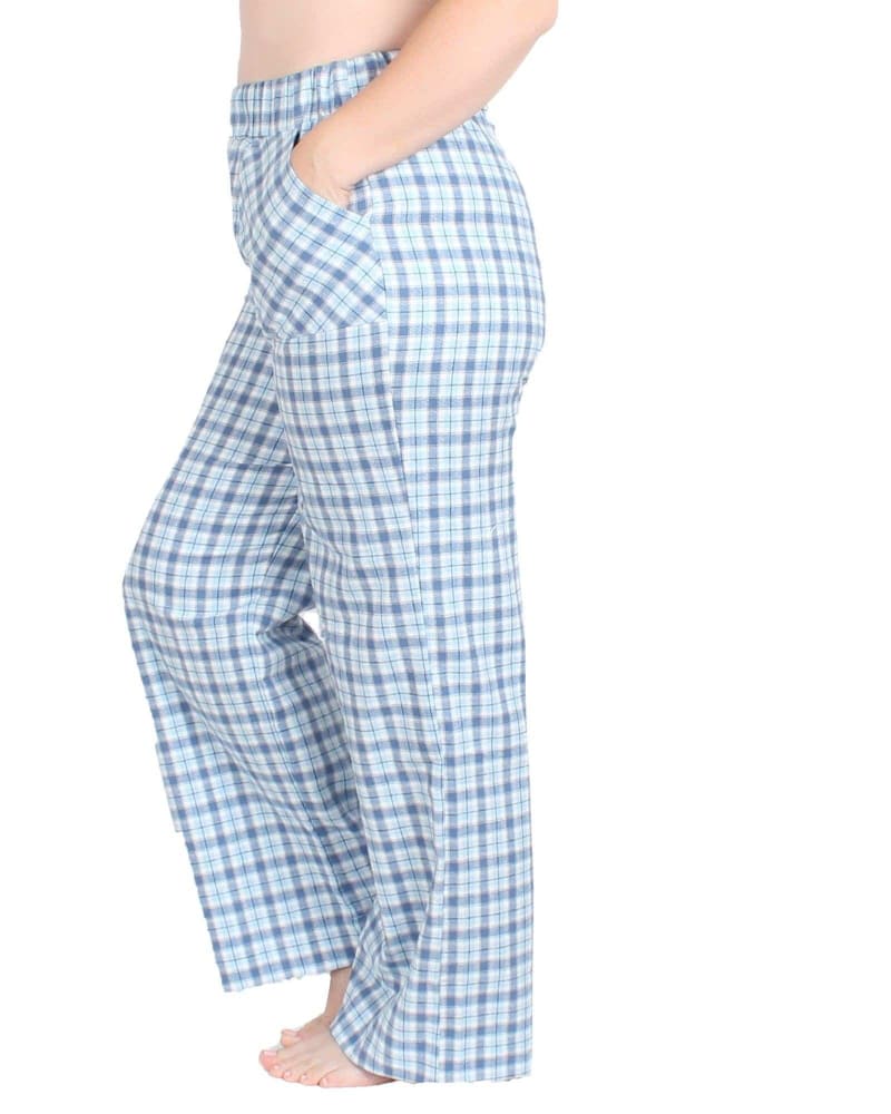 Front of a model wearing a size L Paige Plaid Flannel Lounge Pant in Blue by Undersummers. | dia_product_style_image_id:289577